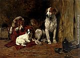 John Emms Famous Paintings - Hounds And A Jack Russell In A Stable